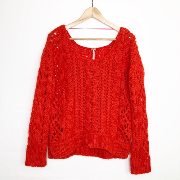 Free people, red cable knit pull over sweater - Picture 2 of 10
